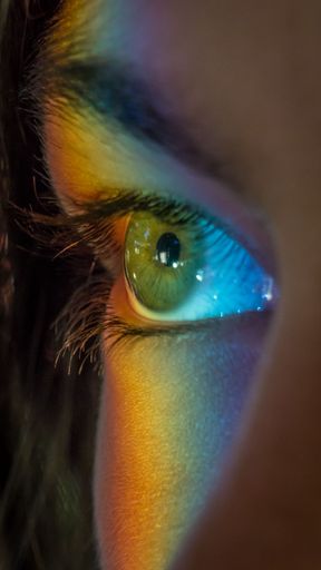 A vertical closeup shot of a rainbow reflecting on a green eye of a girl
