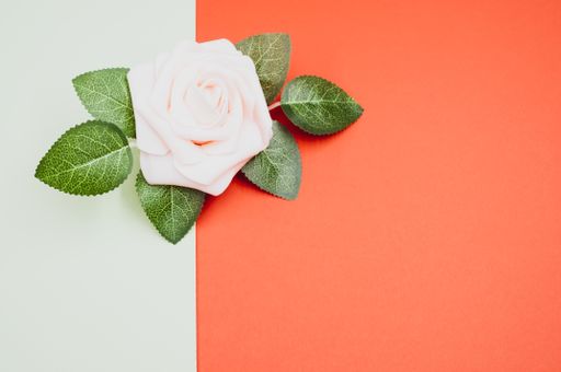 The pink artificial rose on the colorful surface