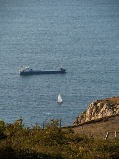 A vertical shot of a sea with boats sailing near the shore