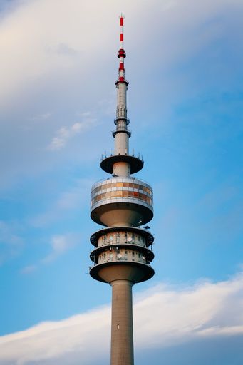 A vertical of the top of the Olympic Tower in the Olympic Park, Munich, Germany