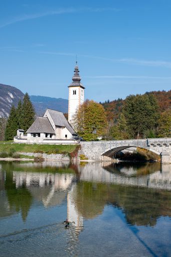 The Church of St John the Baptist near lake Bohinj, Slovenia in autumn