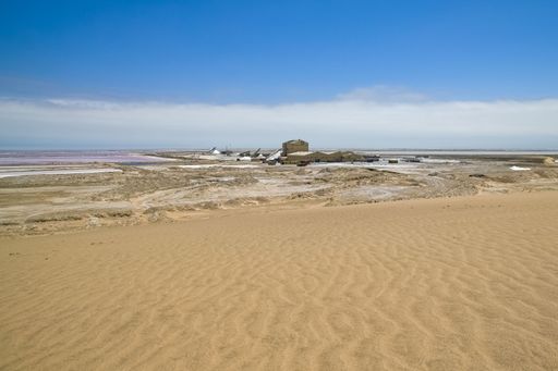 Namibia, panorama of the the salt marshes near Walvis Bay, pink lake