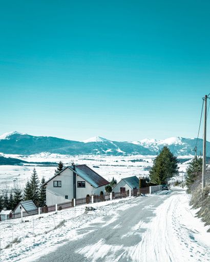 A vertical of houses laying along a snowy hill with leafless and evergreen trees under the bright sky