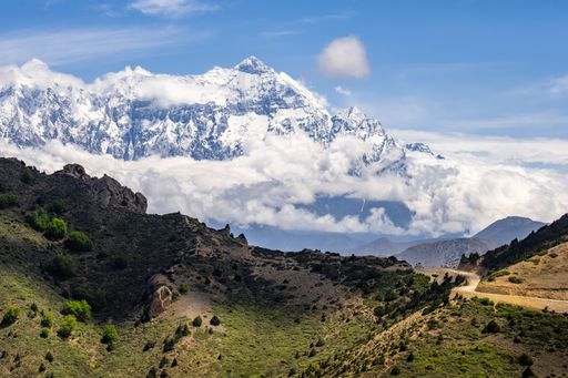 A panoramic shot of Annapurna and Nilgiri mountains in the Kingdom of Mustang surrounded by green trees