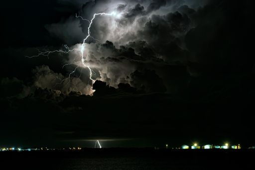 A scenic shot of a lighning strike at night