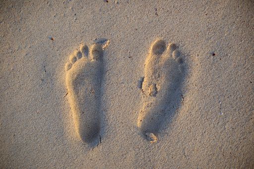 A high angle shot of footprints in the sand